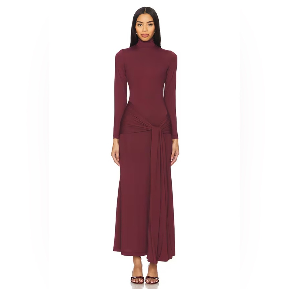 Bardot Burgundy Long Sleeve Knot-Waist Maxi Dress